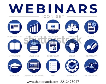 Round Blue Webinar Icon Set. Presentation, Development, Webinars, Networking, Teamwork, Guide, Literature, Learning, Certificate, Ideas, Creativity, Distance Learning, Student, Test, Simplicity Icons. Royalty-Free Stock Photo #2213475047
