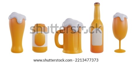 Beer bottle, can, mug and glass in 3d realistic minimal style isolated on white background. Set cartoon alcohol drink elements. Vector objects. Royalty-Free Stock Photo #2213477373