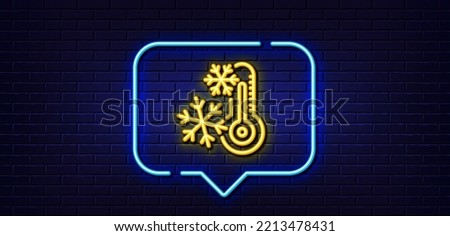 Neon light speech bubble. Freezing thermometer line icon. AC cold temperature sign. Fridge function symbol. Neon light background. Freezing glow line. Brick wall banner. Vector