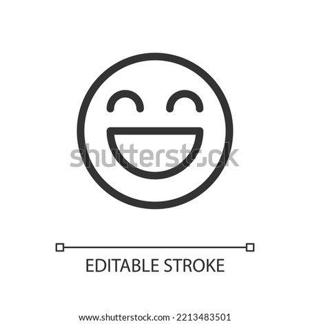 Laughing emoji pixel perfect linear ui icon. Feelings expression. Online communication. GUI, UX design. Outline isolated user interface element for app and web. Editable stroke. Arial font used Royalty-Free Stock Photo #2213483501