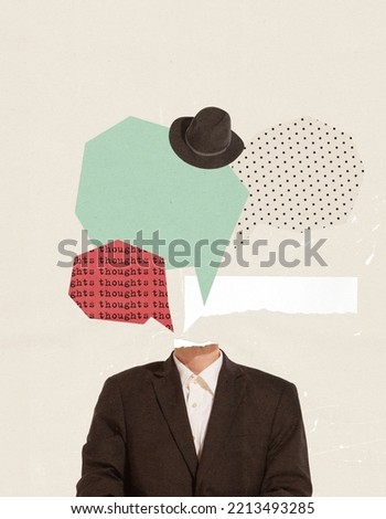 Contemporary art collage. Conceptual image with male silhouette in a suit. Overthinking process. Diversity. Concept of psychology, inner world, dream and thoughts. Copy space for ad, poster