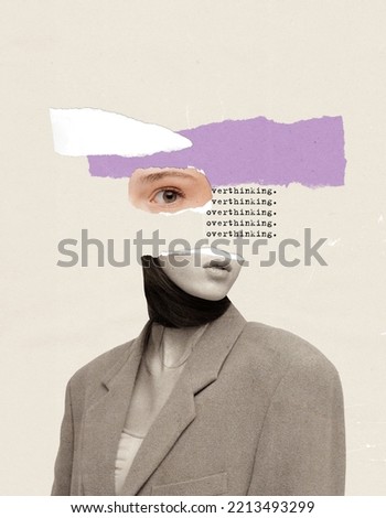 Contemporary art collage. Conceptual image with young girl suffering from overthinking. Many thoughts. Concept of psychology, inner world, dream and thoughts. Copy space for ad, poster