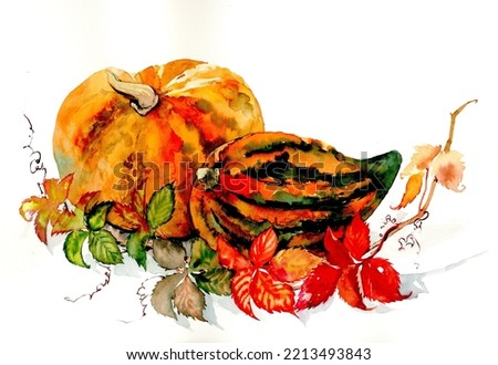 Pumpkins and leaves. Decorative illustration. Hand drawn by watercolor. Isolated on white background. 