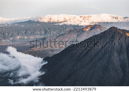 Bali Volcano. Panorama of Bali from Agung volcano at 3030 m altitude at sunrise, Bali, Indonesia