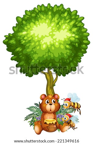 Illustration of a bear and bees under the tree on a white background