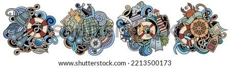 Nautical cartoon vector doodle designs set. Colorful detailed compositions with lot of maritime objects and symbols. Isolated on white illustrations