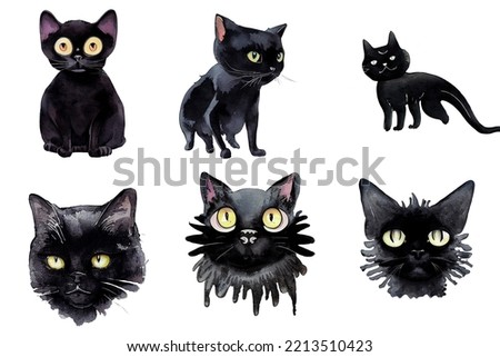 Funny Halloween black cats, watercolor set, isolated