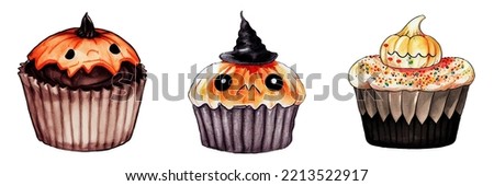 Set of delicious Halloween cupcakes, watercolor art, isolated