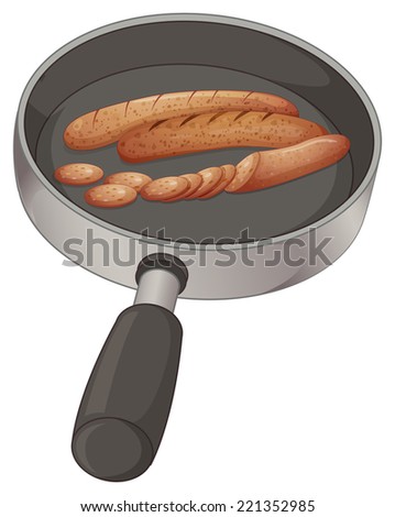 Illustration of a pan with sausages on a white background