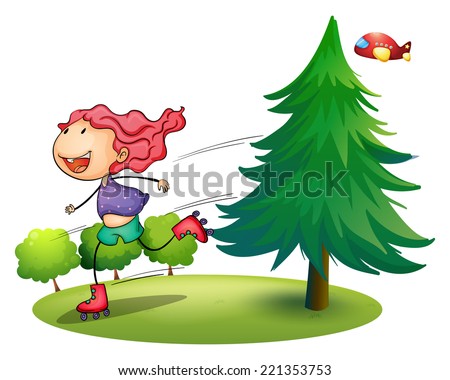Illustration of a girl rollerskating near the pine tree on a white background