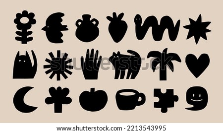 Various abstract elements. Cat, bird, flower, snake, cup, moon, heart, jug. Quirky shapes. Hand drawn doodles. Contemporary trendy Vector illustration. Set of black icons. All elements are isolated
