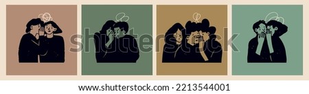 Various people whispering secrets into ears. Talking something to other person, gossip, rumor, secret, confusion concept. Hand drawn Vector illustration. Cartoon style. Cute characters set Royalty-Free Stock Photo #2213544001