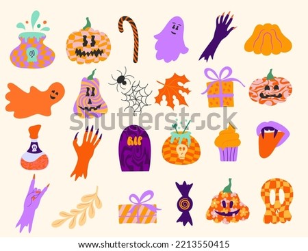 Vector set retro groovy elements for Halloween party with handwritten calligraphy and traditional symbols for printing social media 