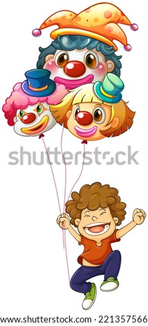 Illustration of a happy boy with three clown balloons on a white background