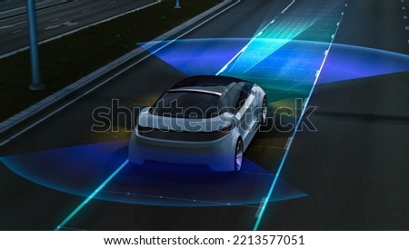 Aerial Drone Following Futuristic 3D Concept Car. Autonomous Self Driving Van Moving Through Highway. Visualized AI Sensors Scanning Road Ahead for Speed Limits, Vehicles, Pedestrians. Back View. Royalty-Free Stock Photo #2213577051