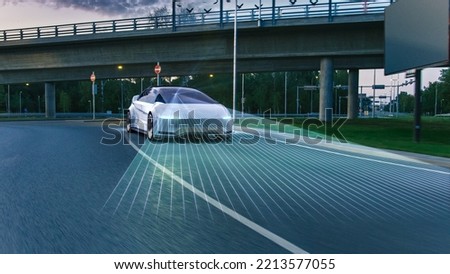 Autonomous Self-Driving 3D Car Moving Through Modern City Highway. Visualization Concept: AI Sensor Scanning Road Ahead for Vehicles, Danger, Speed Limits. Day Urban Driveway. Front Following View