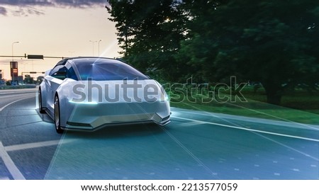 Autonomous Self-Driving 3D Car Moving Through City Highway. Visualization Concept: AI Sensor Scanning Road Ahead for Vehicles, Danger, Speed Limits. Day Urban Driveway. Front Following View Royalty-Free Stock Photo #2213577059