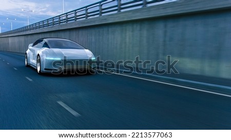 Autonomous Self-Driving 3D Car Moving Through City Highway. VFX Visualization Concept: Sensor Scanning Road Ahead for Vehicles, Danger, Speed Limits. Day Urban Driveway. Front Following View Royalty-Free Stock Photo #2213577063