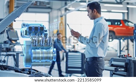 Car Service Manager Uses a Tablet Computer with a Futuristic Augmented Reality Diagnostics Software. Focused Specialist Inspecting the V6 Internal Combustion Engine in Order to Find Broken Components.