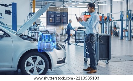 Car Service Manager Uses a Tablet Computer with a Futuristic Augmented Reality Diagnostics Software. Specialist Inspecting the V6 Internal Combustion Engine in Order to Find Broken Components.