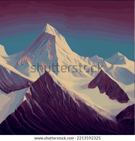 Winter mountain landscape with snow against blue sky, winter holidays, forest landscape and solitary mountain. Minimalistic vector illustration. mountain peak, Snowy mountains peaks