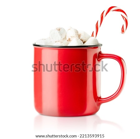one red mug with hot chocolate, marshmallows and candy cane on a white isolated background