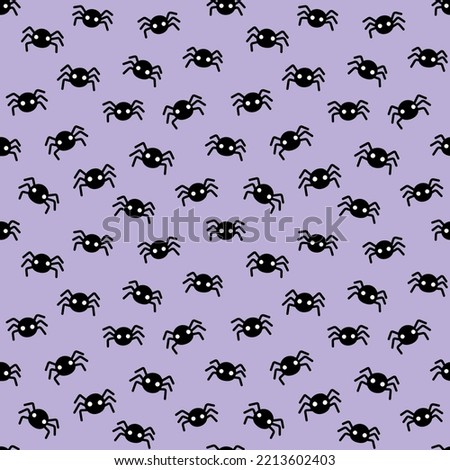 Cute little spiders scattered on a pastel purple background Halloween seamless pattern. Light violet Halloween background texture.