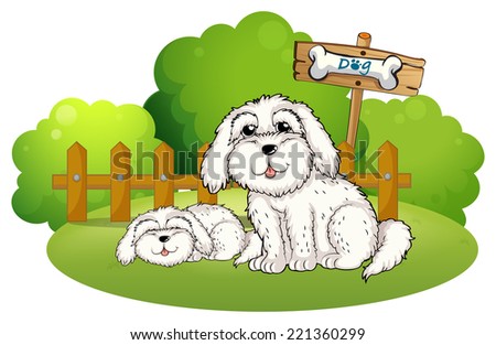 Illustration of a backyard with two cute dogs on a white background