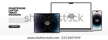Modern laptop mockup front view and high quality smartphone and tablet mockup isolated on white background. Notebook mockup and phone device mockup for ui ux app and website presentation.Stock Vector. Royalty-Free Stock Photo #2213607449