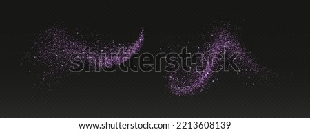 Purple glitter splashes, shiny star dust explosion, shimmer spray effect, festive holiday particles isolated on a dark background. Vector illustration. Royalty-Free Stock Photo #2213608139