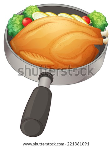 Illustration of a pan with a fried chicken on a white background