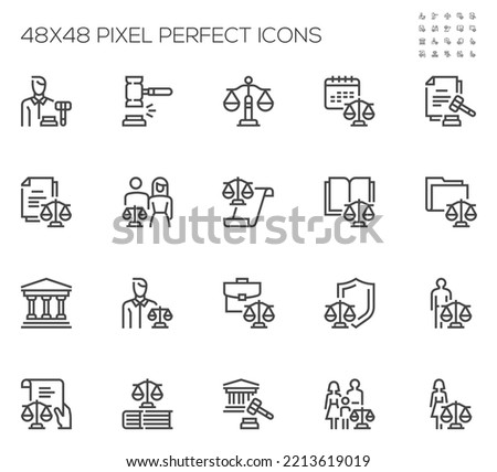Judicial System. Law and Justice. Court Sitting, Legal Services. Vector Line Icons Set. Editable Stroke. 48x48 Pixel Perfect. Royalty-Free Stock Photo #2213619019