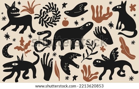 Various strange creatures, imaginary monsters. Fictional, fantastic animals. Black cartoon vector set. Hand drawn illustration. Set in Halloween style.