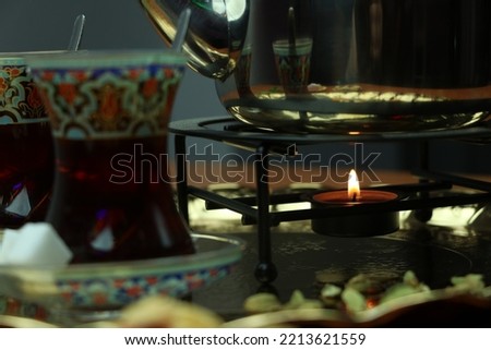 Close-up, Turkish tea, Arabic black tea set with cardamon. 