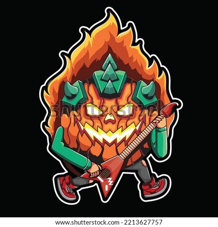 PUMPKIN HEAD WITH FIRE HAIR PLAYING GUITAR WEARING AND SHOES FOR HALLOWEEN DESAIN ILLUSTRATION