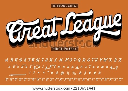 Baseball League script alphabet: A baseball style two-color logo font. Retro Vintage typeface brush script. 3D handwritten Font with Shadow. White and Orange.