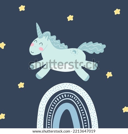 Cute unicorn, rainbow and stars in cartoon flat style. Vector illustration of baby horse, pony animal in tyrquoise color for fabric print, apparel, children textile design, card, nursery poster
