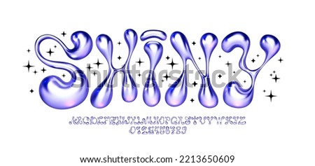 Metallic y2k font. Liquid bubble iron alphabet with melted letters and funky numbers. Glossy 3D flux type face vector set Royalty-Free Stock Photo #2213650609