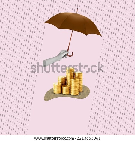 Creative Art collage of a hand holding an umbrella over coins. The concept of protection of profit and wealth. Copy space.