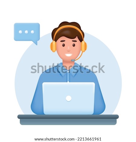 Smiling Young man with headphones, microphone and laptop. Customer service, support or call center concept. 3d Realistic cartoon vector illustration. Royalty-Free Stock Photo #2213661961
