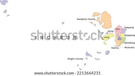 Incheon city administrative map with districts. Clored. Vectored. Yellow, green, blue, pink, violet, orange Royalty-Free Stock Photo #2213664231