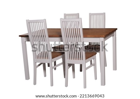 Wooden table and four wooden  chairs on white isolated  background
