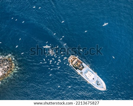 Fishing trawler coming back to the port and the seagulls are flying over it. Royalty-Free Stock Photo #2213675827
