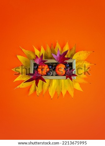 Creative Halloween design made of  pumpkins, acorns, red and yellow autumn leaves in golden box against vibrant orange background. Minimal concept. Copy space. Halloween art.