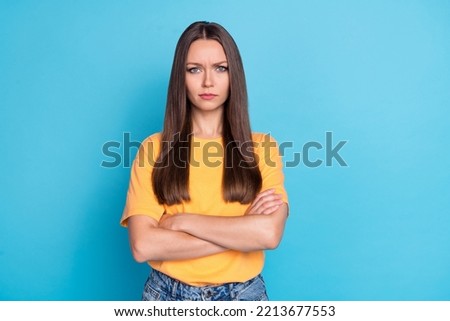 Photo of unsatisfied lady orange outfit bad mood negative reaction stand empty space clothes isolated on blue color background Royalty-Free Stock Photo #2213677553