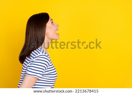 Profile side view photo of crazy astonished lady look banner promo empty space wait black friday sale isolated on yellow color background