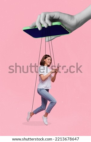 Collage photo of young adorable pretty woman wear casual clothes ropes hold smartphone manipulation doll absurd isolated on bright pink color background Royalty-Free Stock Photo #2213678647