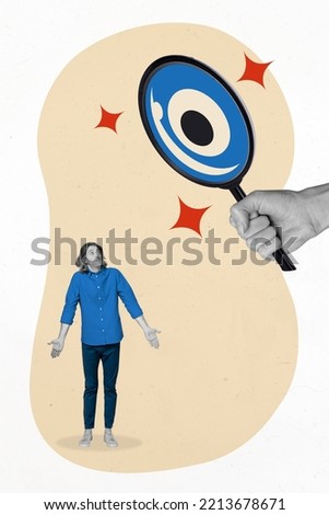 Vertical collage picture of big arm black white colors hold magnifier lens look small clueless guy isolated on creative background