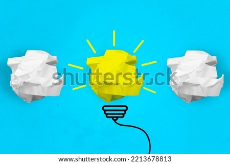 Collage photo of abstract creative idea imagination trash paper ball sun light yellow solution decision inspiration isolated on cyan color background