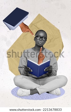 Composite collage picture image of young woman student worker employee reading book strict teacher boss hand finger point force do homework